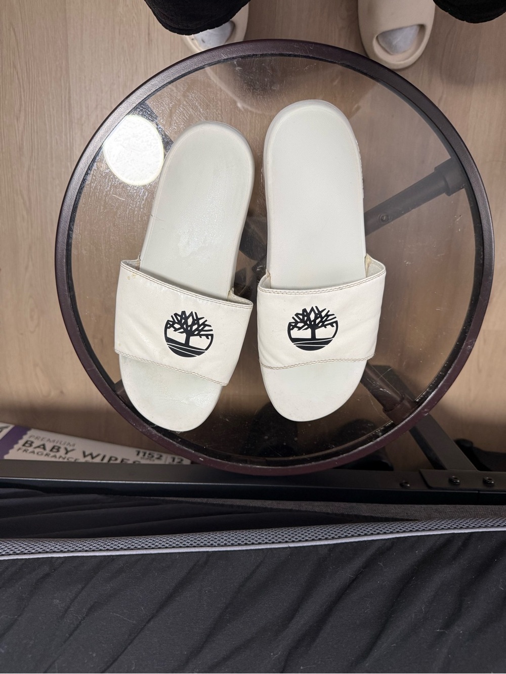 Timberland White Slide Sandals with Black Logo